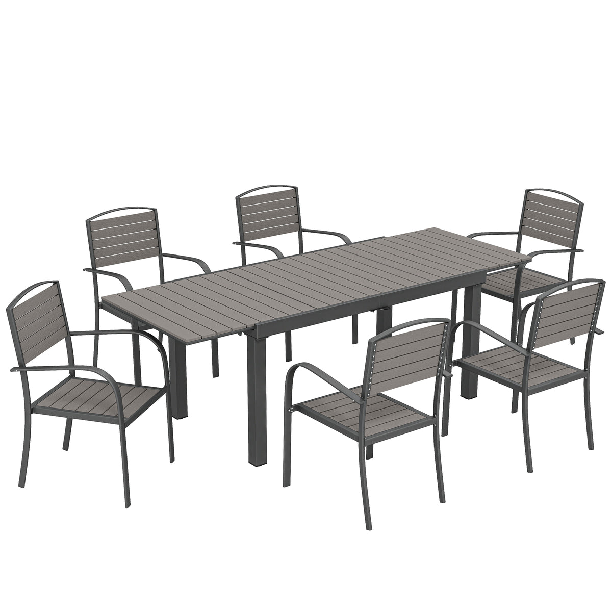 Outsunny Gartenessgruppe, 6 Personen, 7-teilig, Ausziehbar Tisch mit 6 Stühlen, Holzoptik, Wetterfest