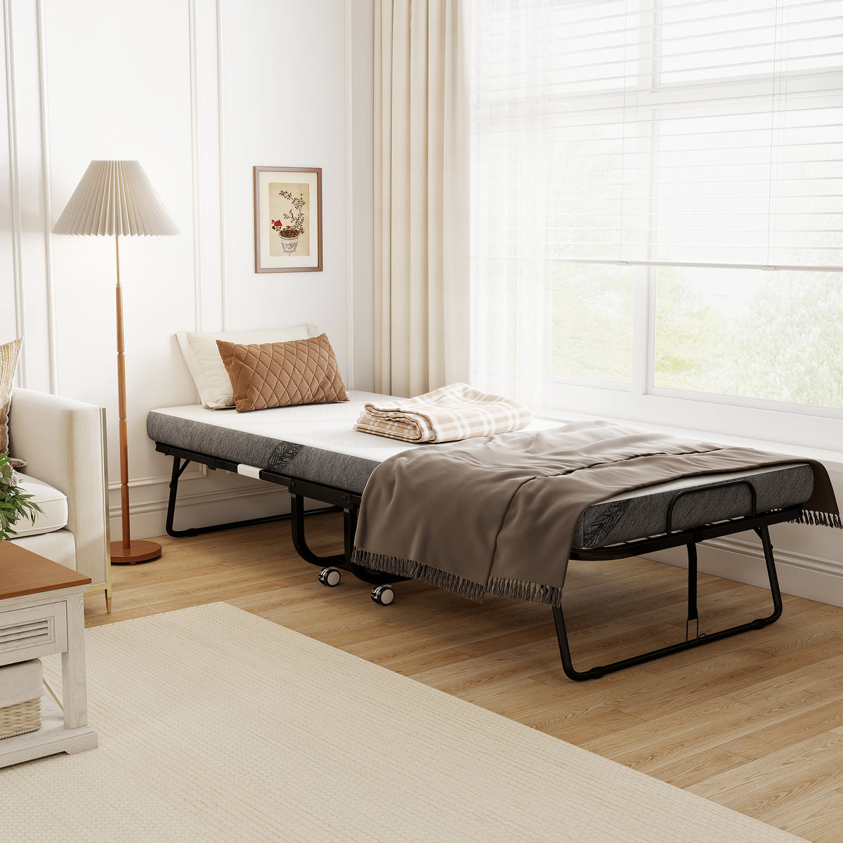 HOMCOM Gästebett, Klappbett, Reisebett mit Rollen, Matratze, Stahl, Weiß+Schwarz – Produktabbildung 2
