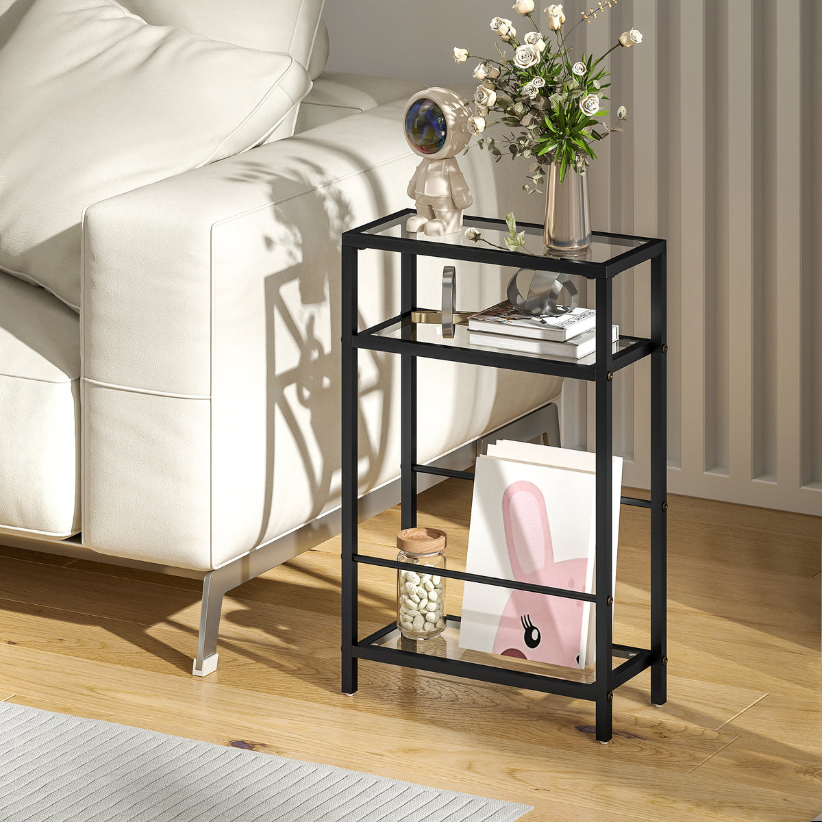 3-tier shelf with glass shelves, 18 cm wide, steel frame, crossbars, black (2)