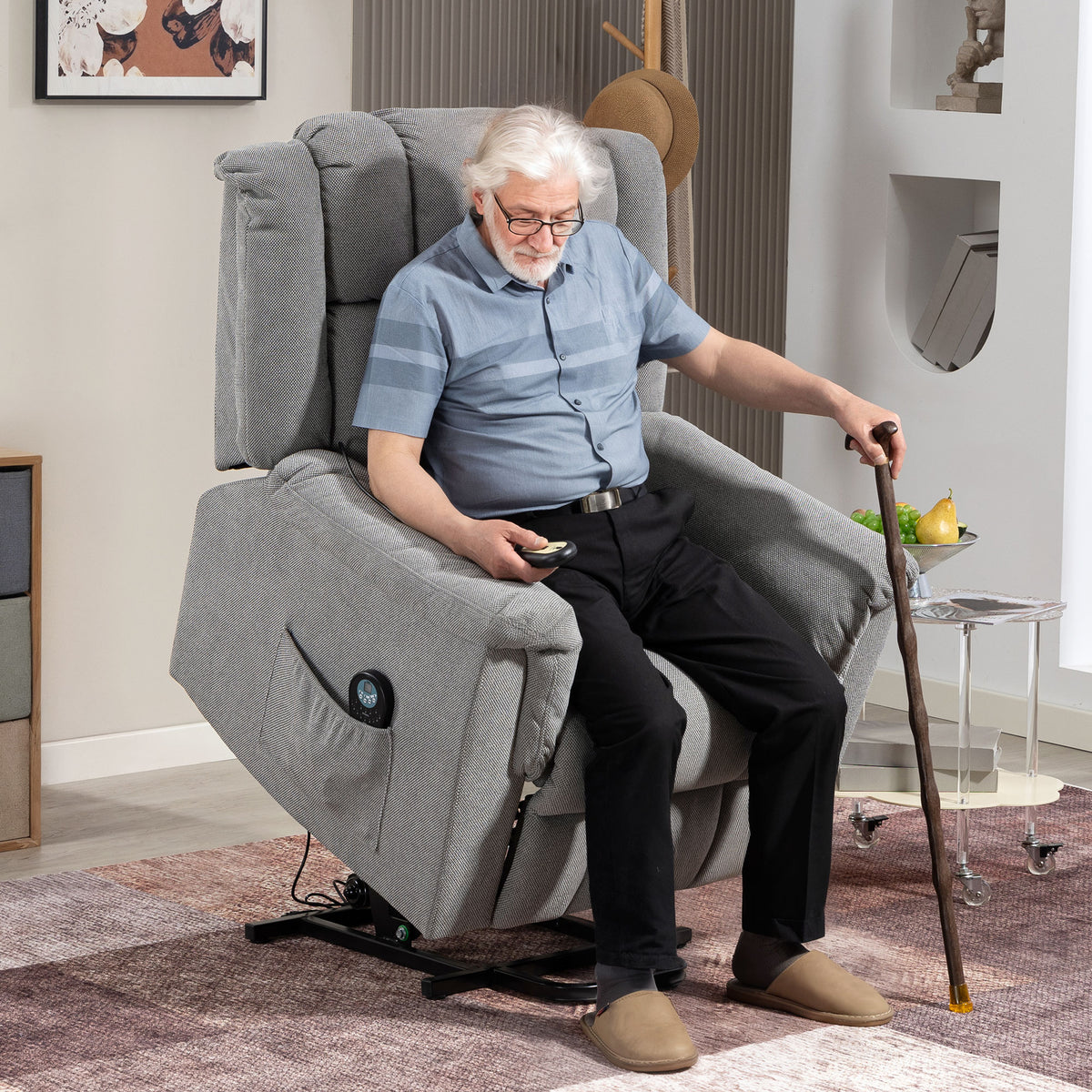 Power lift recliner, massage chair with heating function, upholstered armchair with footrest, side pocket (2)