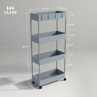 HOMCOM Küchenwagen mit 4 Regalen, 4 flexiblen Haken, 4 Rollen, 40 cm x 19 cm x 90 cm, Nischenwagen, Grau – Produktabbildung 3