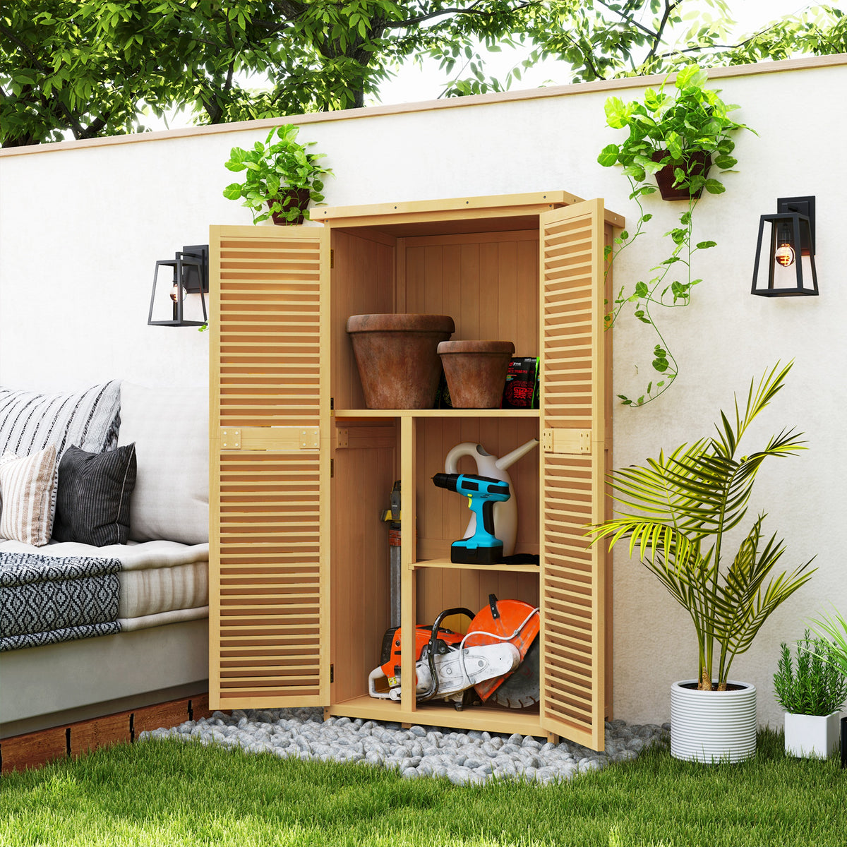 Weatherproof garden cabinet, 2 doors with lock, pine wood, 87L x 46.5W x 160H cm, light yellow (2)