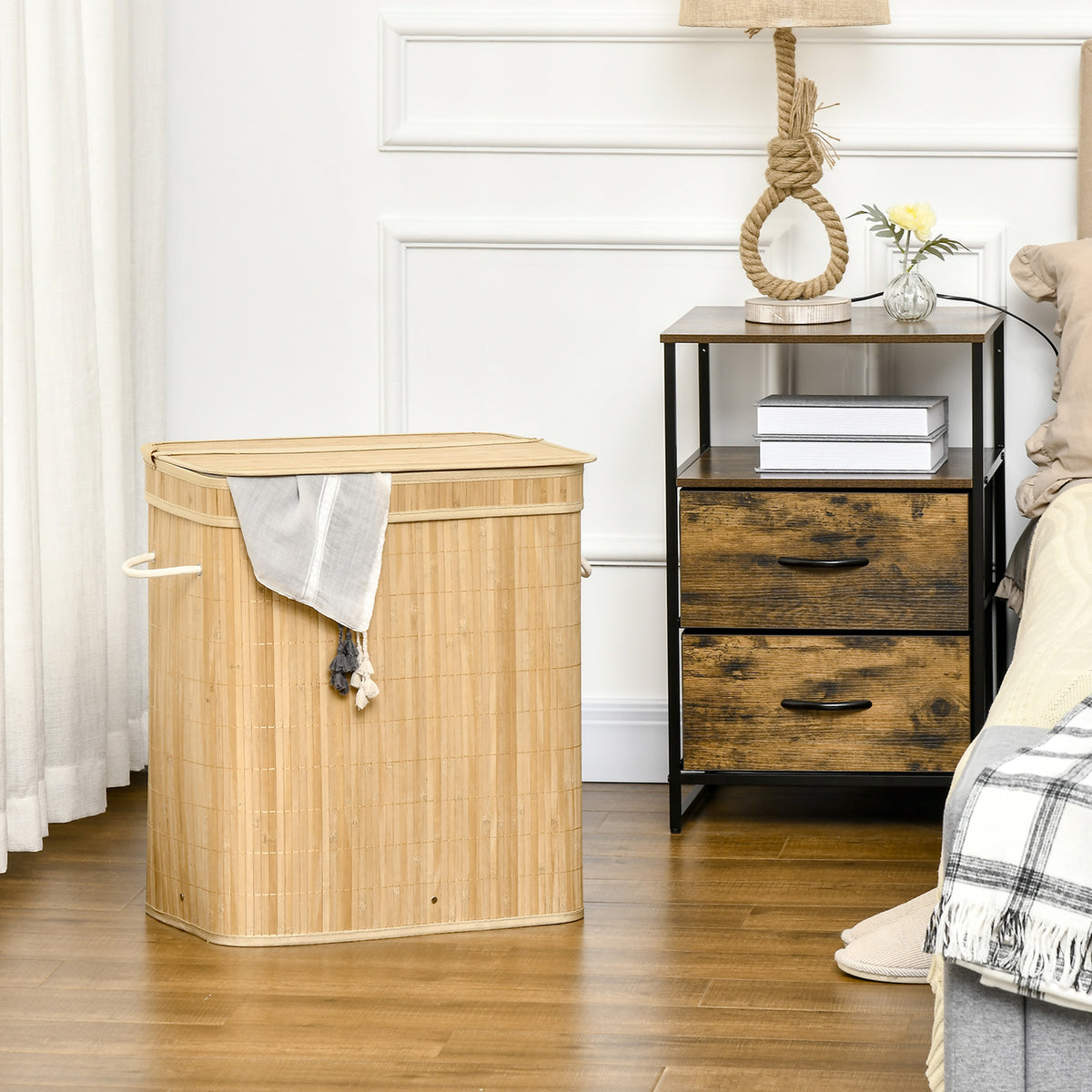 HOMCOM Faltbarer Bambus-Wäschekorb, handlicher 90 L Wäschebehälter mit herausnehmbarem Innensack und – Produktabbildung 2