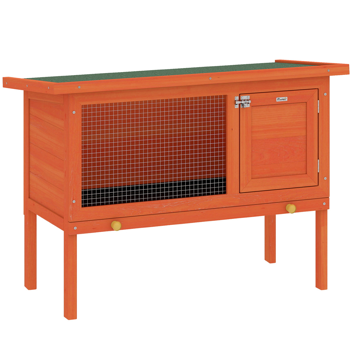 Rabbit hutch, elevated wooden rabbit hutch with hinged bitumen roof and pull-out drawer, 90x45x65 cm, orange