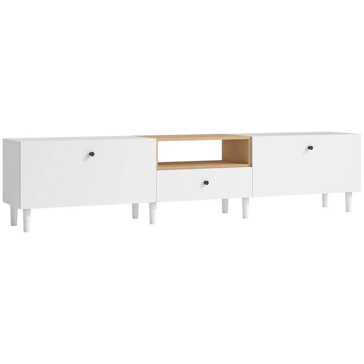 HOMCOM 200 cm TV-Kommode für Fernseher bis zu 90 Zoll, 2 Klappenfächer, offenes Fach, Schublade, 8 Beine