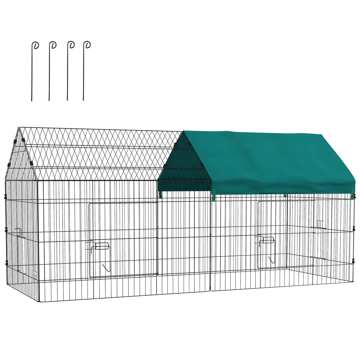 Small animal enclosure with roof, 4 doors, weatherproof, steel/polyester, 220x85x103cm, green/black