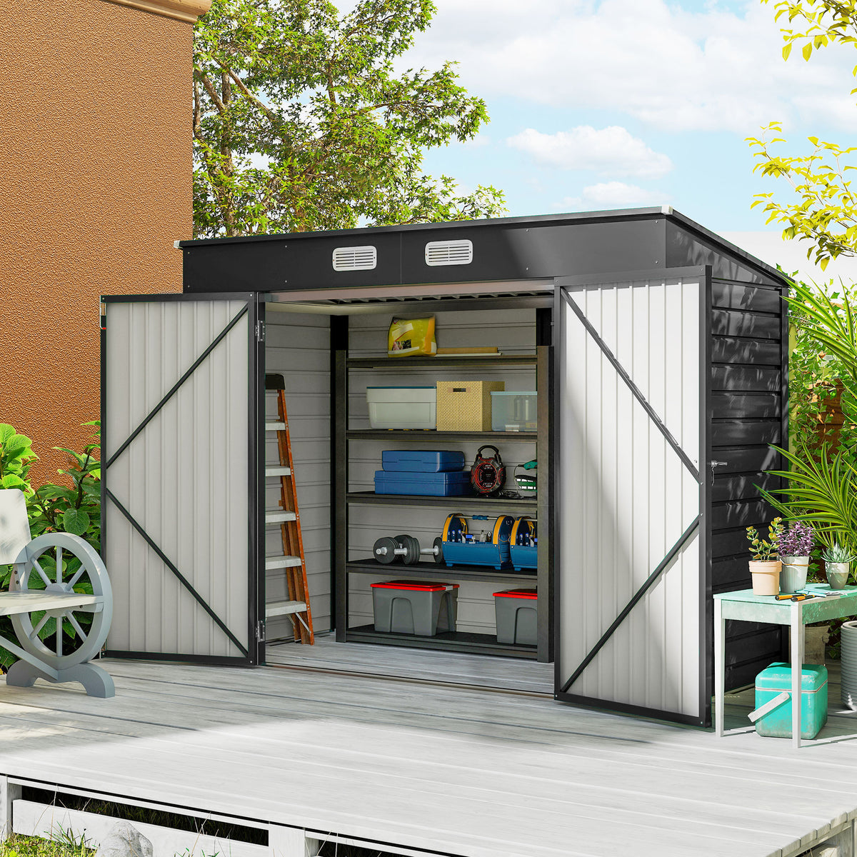 Steel garden shed, tool shed, double doors, 249W x 121D x 166/183H cm, gray (2)