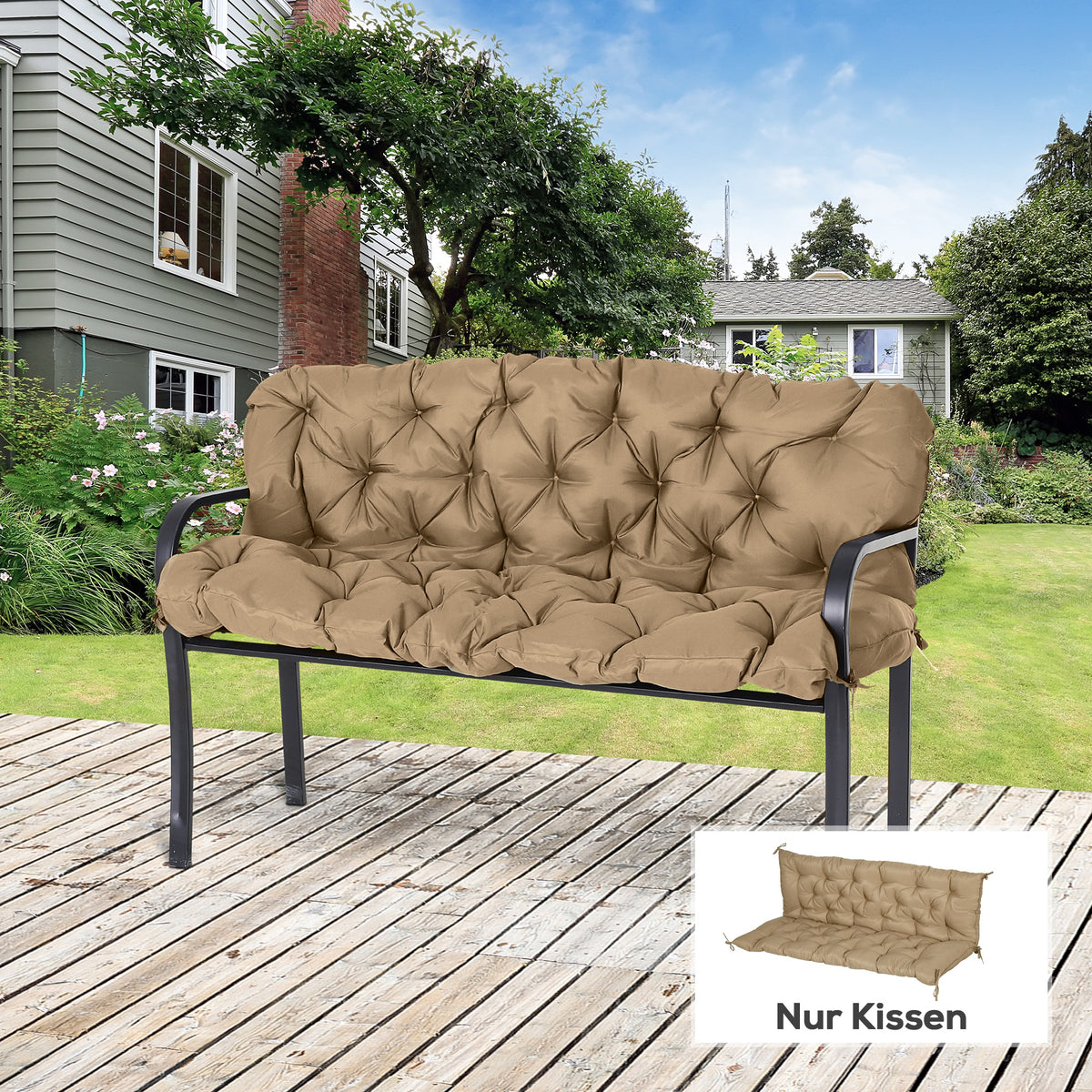3-seater bench cushion 150x98x8 cm bench pad with ties, bench upholstery for garden furniture porch swing, khaki (2)
