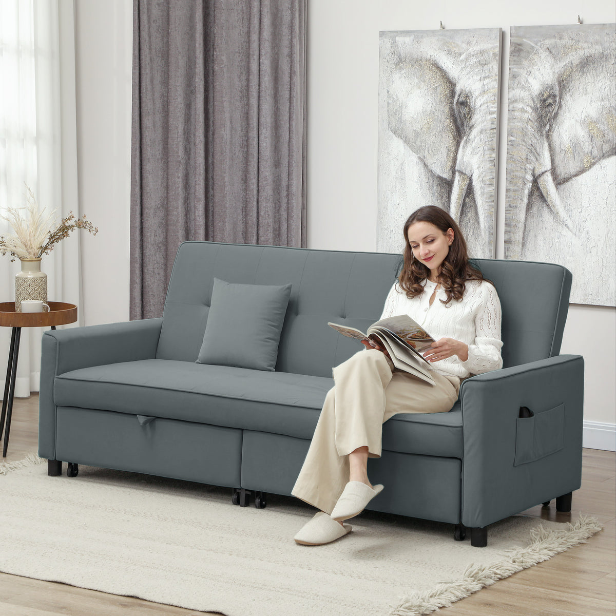 Sofa bed, adjustable 3-seater couch with bed function, sleeper sofa with pull-out bed, pillows, grey (2)