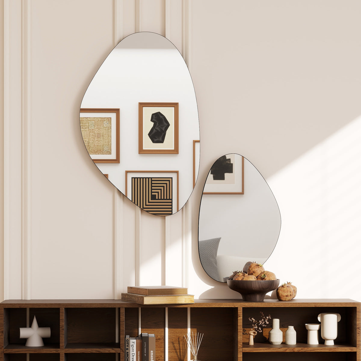 Wall Mirror Set of 2, 70 x 46 cm, 49.5 x 31 cm Window Mirror with Metal Frame, Pebble-Shaped Hanging Mirror (2)