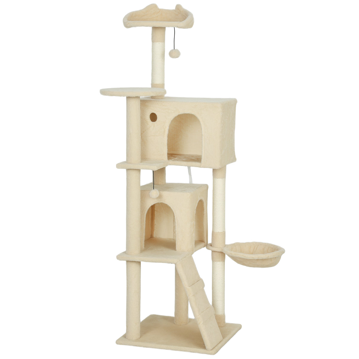 PawHut Kratzbaum 160 cm Katzenturm mit Hängematte, Leiter, Höhle, 2 Plüschballen, Sisalstämme, 48 x 48 x 160