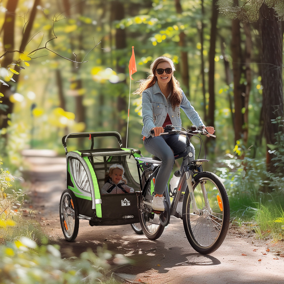 2-in-1 bicycle trailer for 2 children, stroller function, rain cover, brake, green (2)