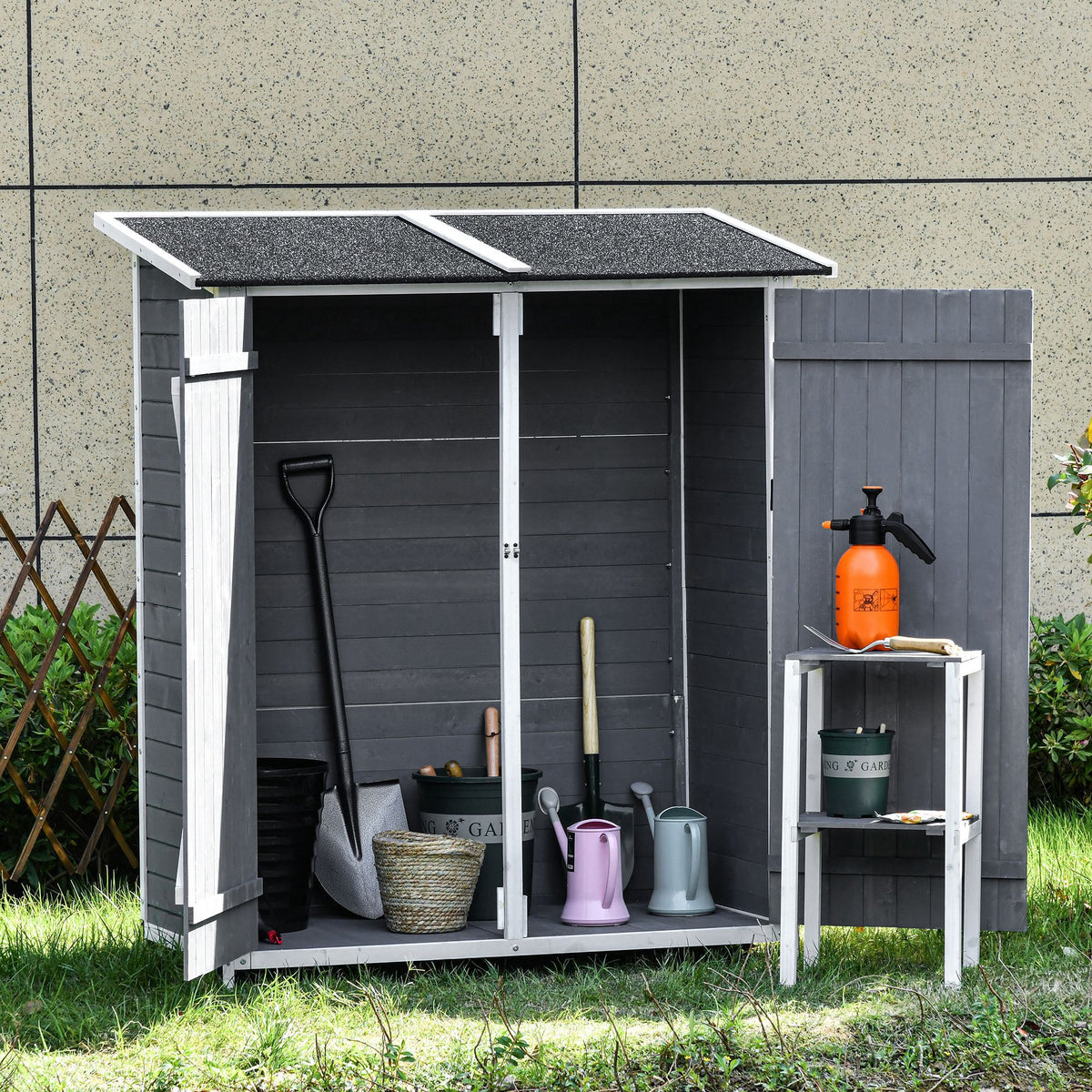 Garden Cabinet Tool Shed with 2 Doors Tool Cabinet with Asphalt Roof Garden Storage Cabinet Anti-Dumping Design (2)