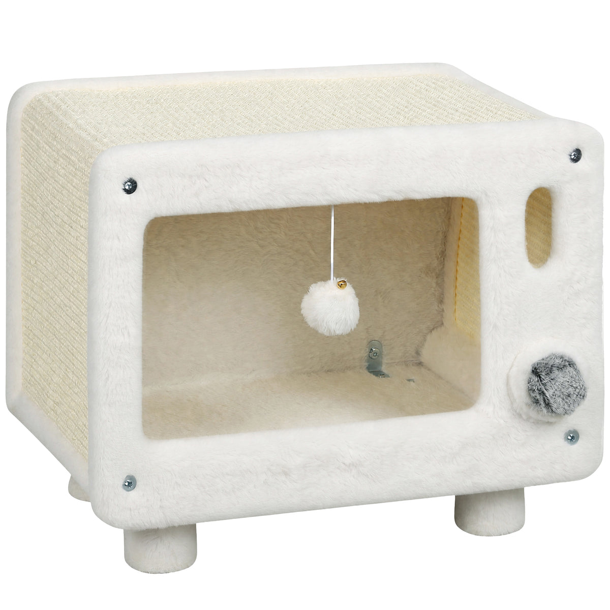 PawHut Katzenhaus im TV-Design, Katzenhöhle mit Hängematte und Spielball, Sisal-Kratzmatte, für Katzen bis 7