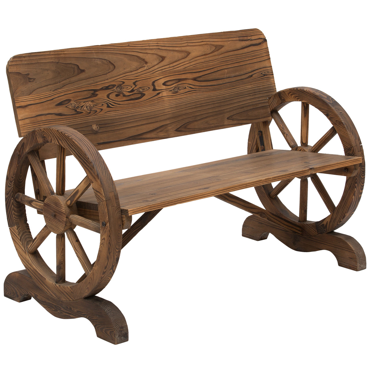 Outsunny 2-Sitzer Gartenbank Massivholz mit Armlehne, Sitzbank mit Wagenräder-Design, Gartenmöbel 250kg