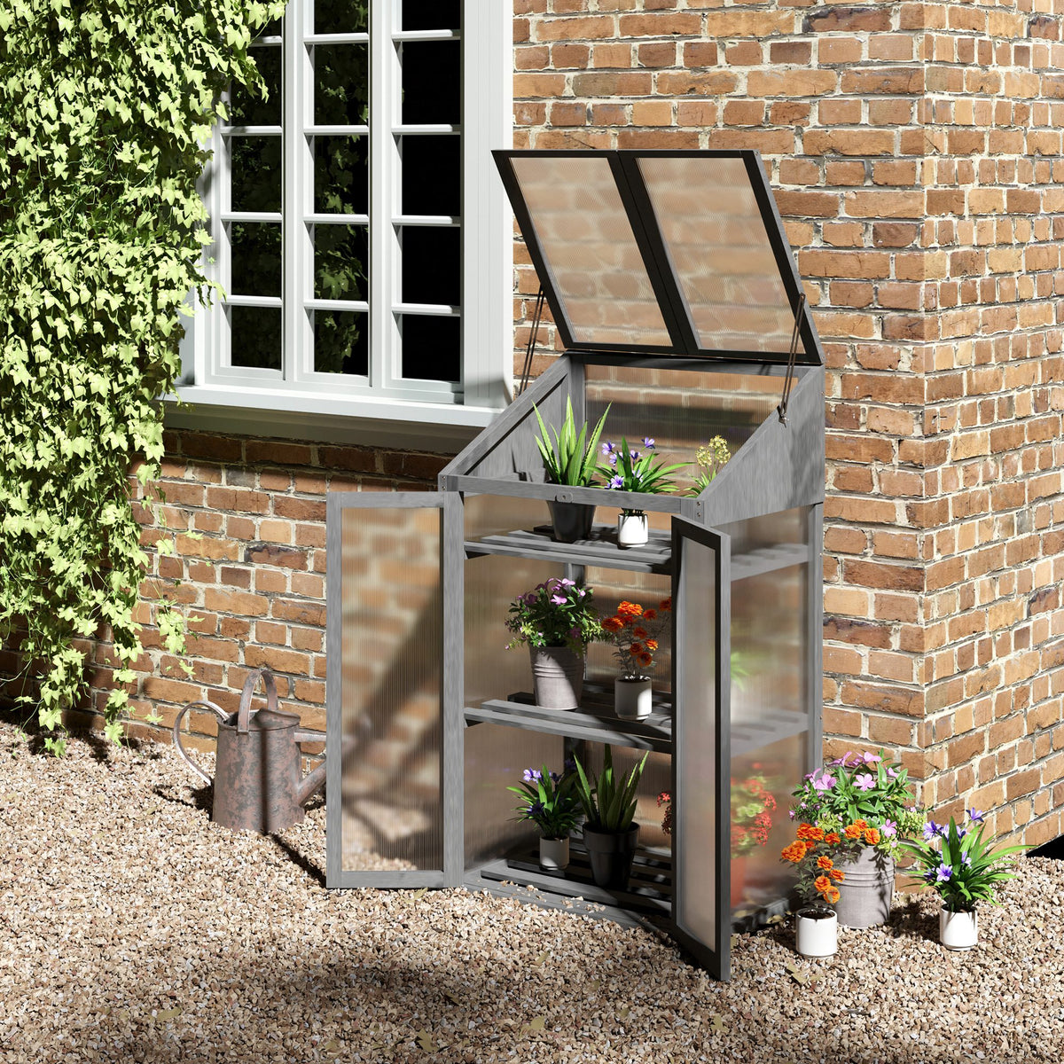 Mini greenhouse, small cold frame with wooden frame, window and double door, 3 shelves, 70L x 50W x 120H cm (2)
