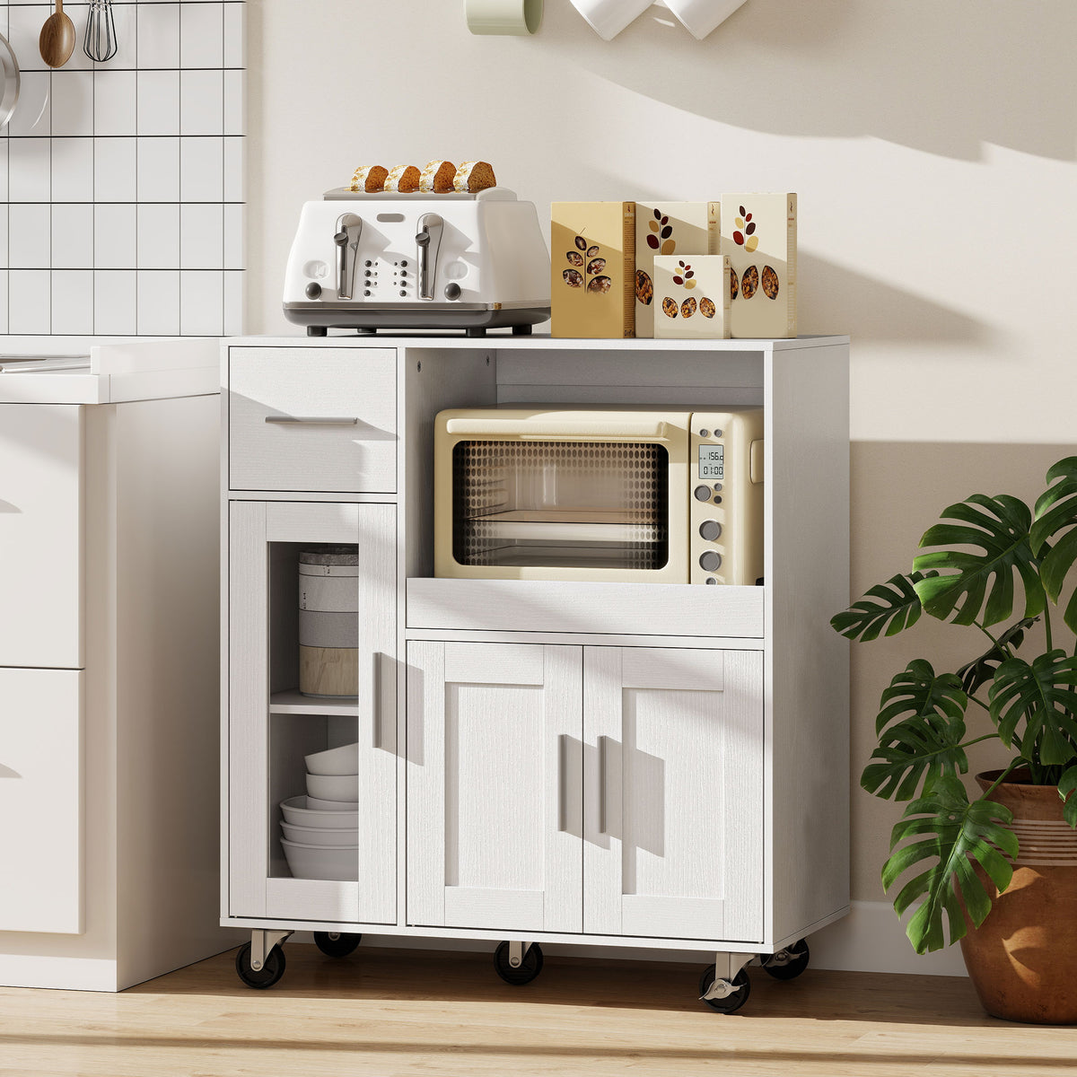 HOMCOM Küchenschrank auf Rädern, Mobile Küchenkommode mit Ablagen, Schubladen, verstellbarem Regal – Produktabbildung 2