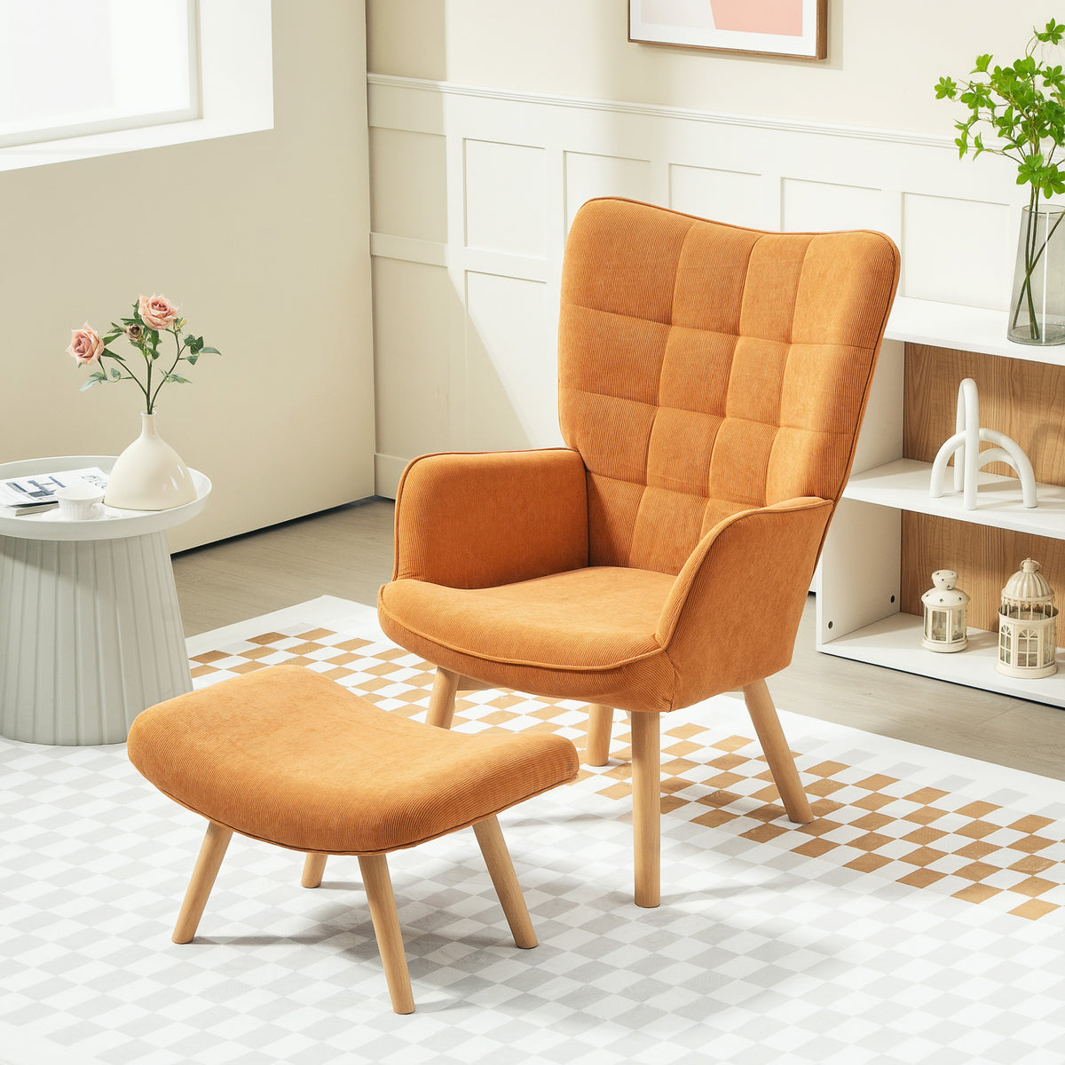 Accent chair with ottoman, corduroy-look lounge chair, armchair with wooden legs, for living room, brown (2)