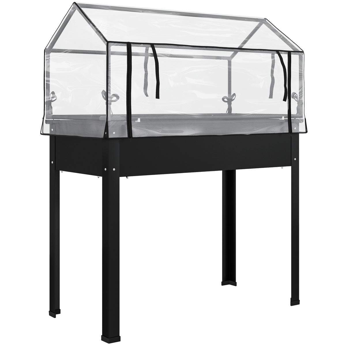 Raised garden bed with greenhouse roof, elevated planter box with drainage holes, 100 x 48 x 124 cm, black