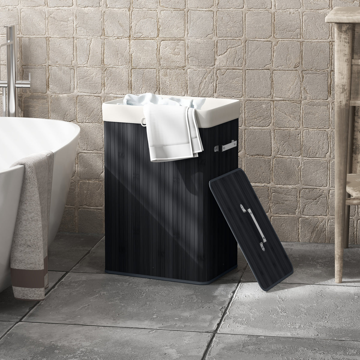 HOMCOM Wäschekorb, Wäschebox, Wäschesammler mit Deckel, Segeltuchsack, Bambus, faltbar, 72L, Schwarz 40 – Produktabbildung 2