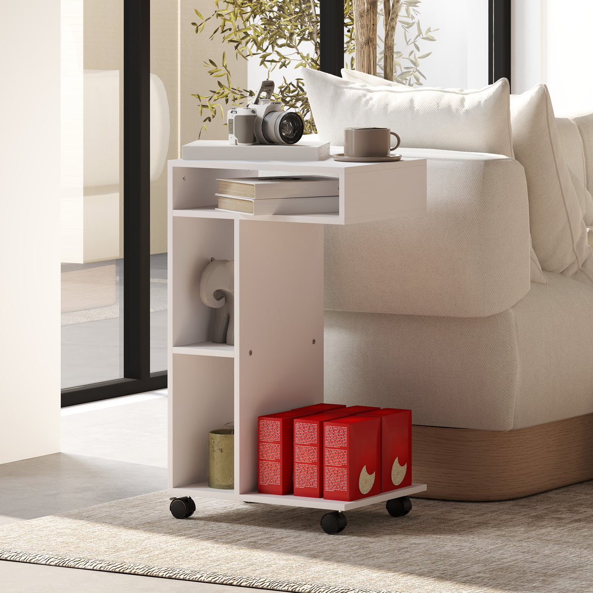 Side table, C-shaped serving cart, 4 casters, 3 compartments, 40 x 30 x 69 cm, white (2)