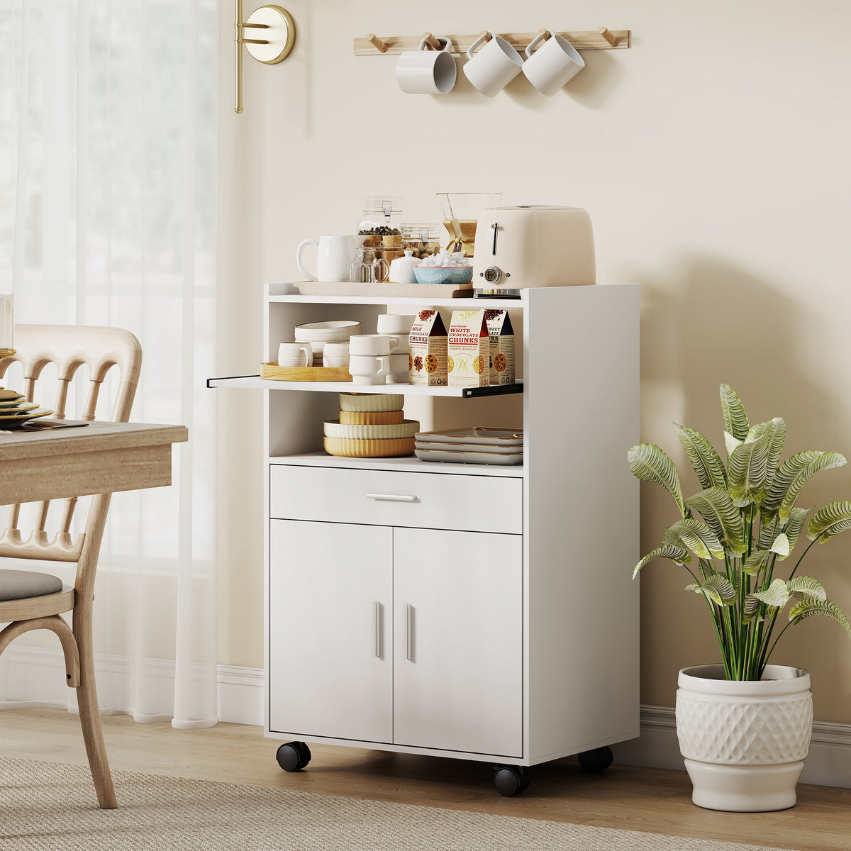 HOMCOM Mikrowellenschrank, Regal, Doppeltürschrank, Schublade, Rollen, Weiß – Produktabbildung 2