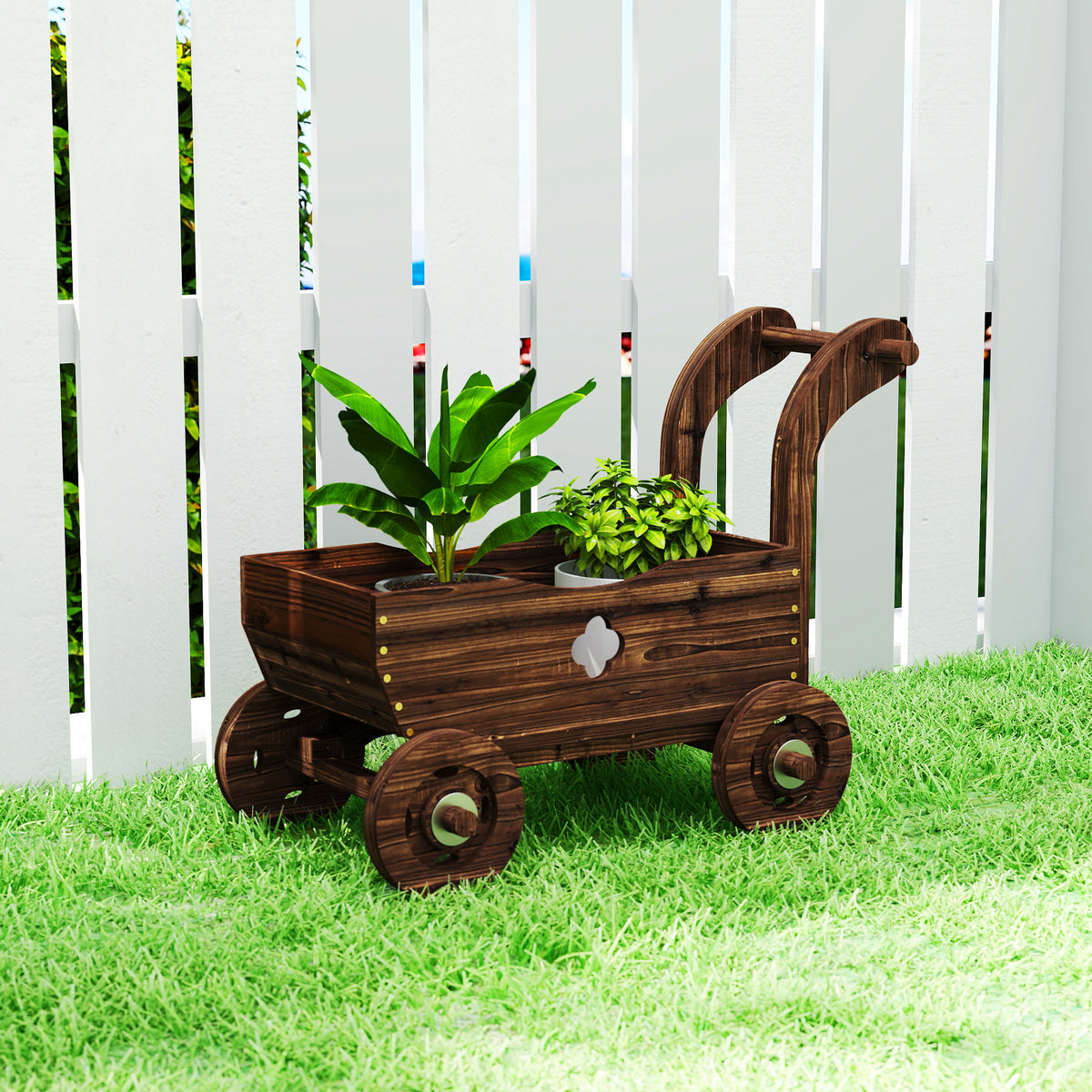 Outsunny Hochbeet Holz, Pflanzbeet in Wagenform Frühbeet mit 4 Rädern Griff Gartenbeet 68 x 38 x 52cm – Produktabbildung 2