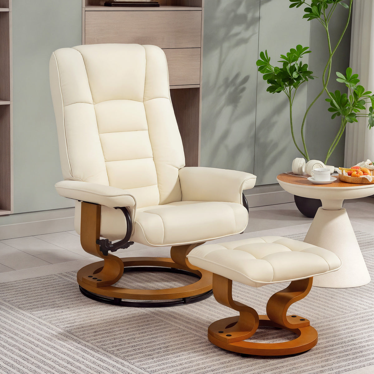 Recliner with footstool, swivel & tilt, faux leather upholstery, up to 150 kg, wooden frame, cream white (2)