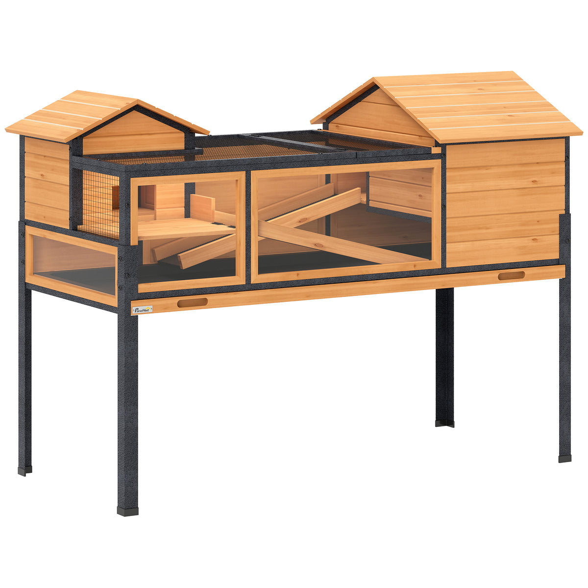Tortoise house, small animal enclosure, 2 rooms, 2 floors, windows, ramps, accessories, wood, steel, yellow