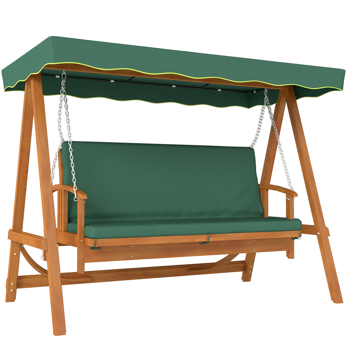 Porch swing with reclining function, wooden garden swing, 3-seater, for garden, patio, dark green