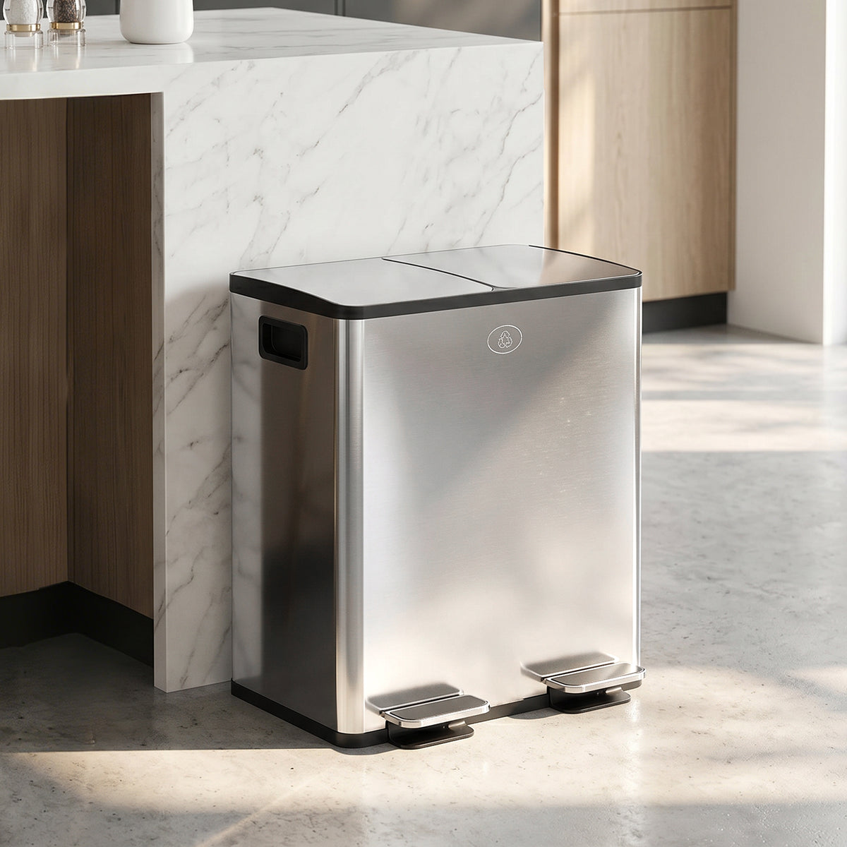 2 x 20 L double trash can, pedal opening, easy to clean, stainless steel, plastic, silver (2)