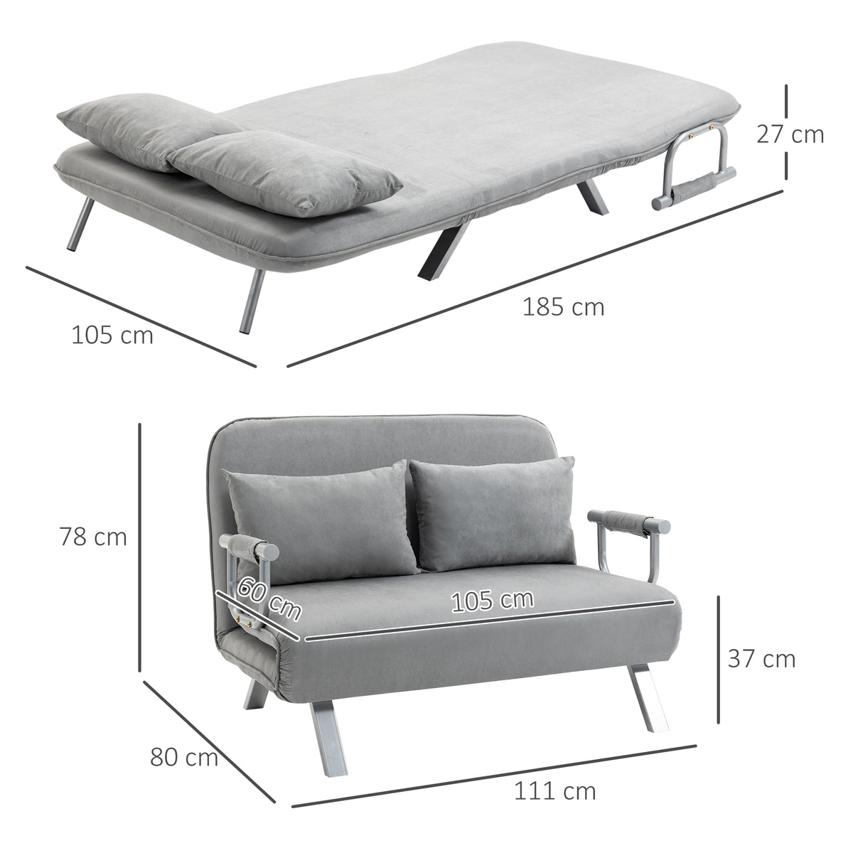 HOMCOM Schlafsofa, Doppelsofa, Gästebett, inklusive 2 Kissen, Grau – Produktabbildung 3