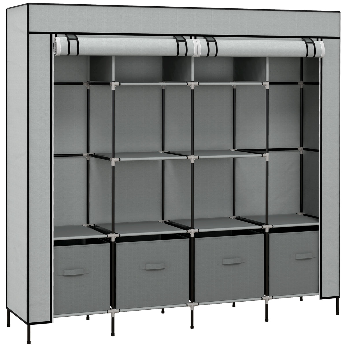 HOMCOM Kleiderschrank Stoffschrank, Türen, 2 Kleiderstangen, 10 Fächer, Grau