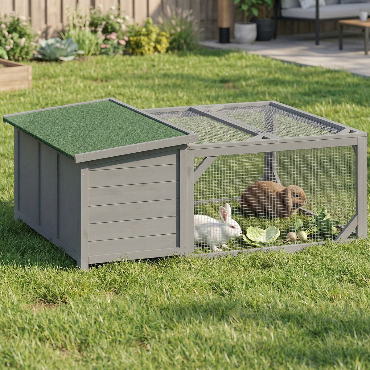 Rabbit Hutch Wooden Rabbit Cage with Hinged Bitumen Roof, Outdoor Enclosure, Doors 125.5x100x49 cm Gray (2)