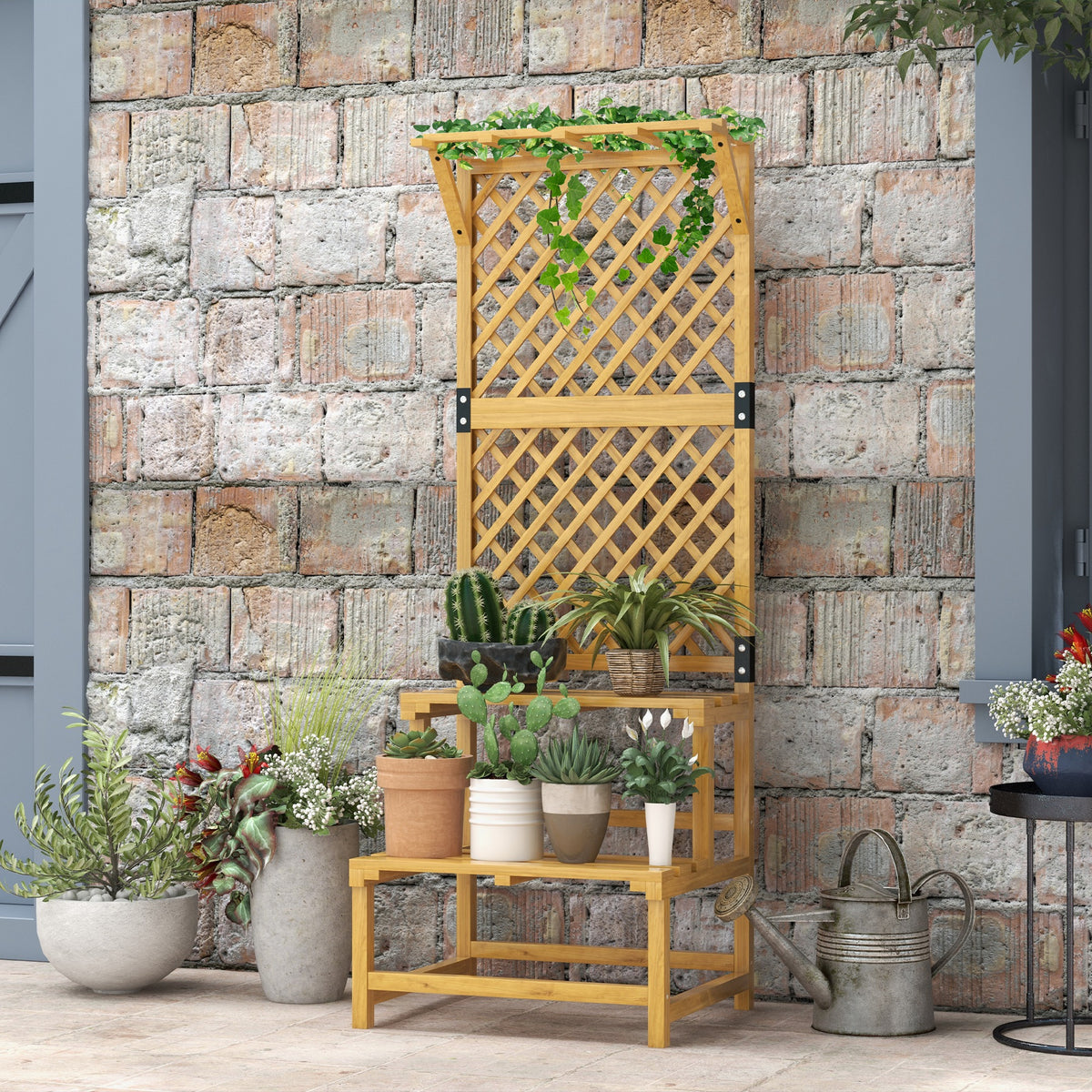 Outsunny Pflanzenständer, Blumenregal, 2 Etagen, mit Spalier & Dach, Tannenholz, 60x50x166cm, Gelb – Produktabbildung 2