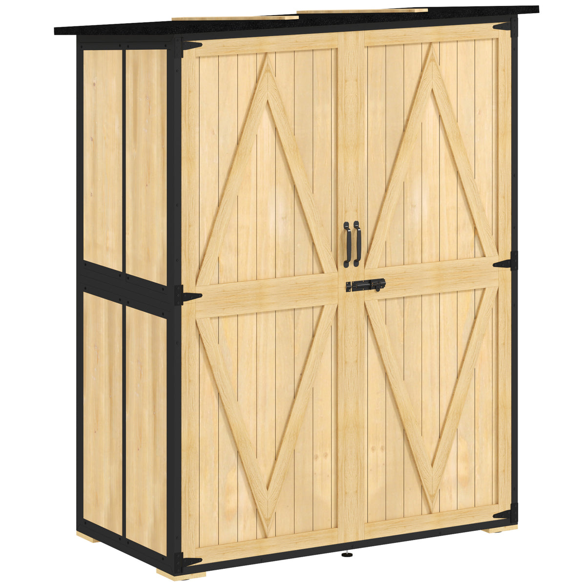 Wooden and steel garden cabinet, outdoor tool shed with asphalt roof, 2 shelves, lockable doors, natural wood