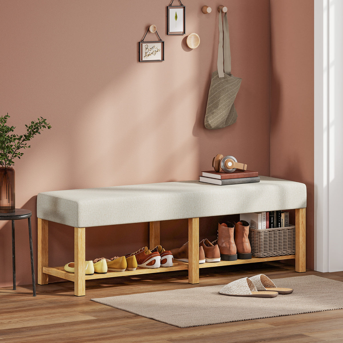 HOMCOM 140 cm Schuhbank aus Massivholz, moderne Flurbank mit gepolsterter Sitzfläche für zwei Personen – Produktabbildung 2