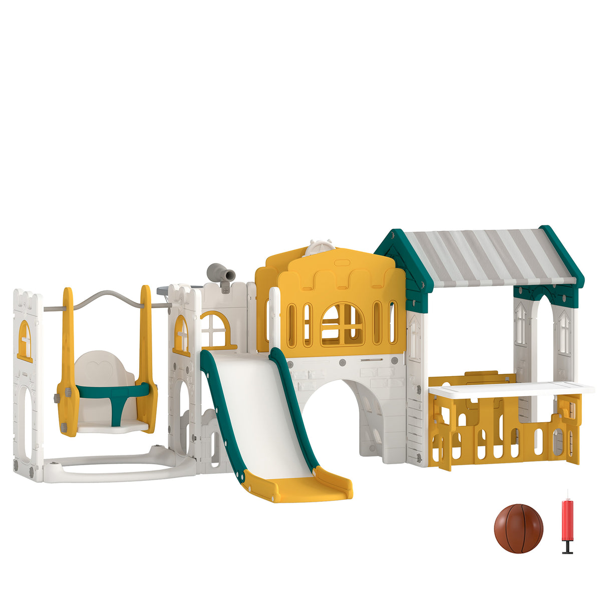 11 in 1 Kinderrutsche mit Schaukel Spielhaus Gartenrutsche mit Tunnel Basketballkorb Fernrohr Lenkrad
