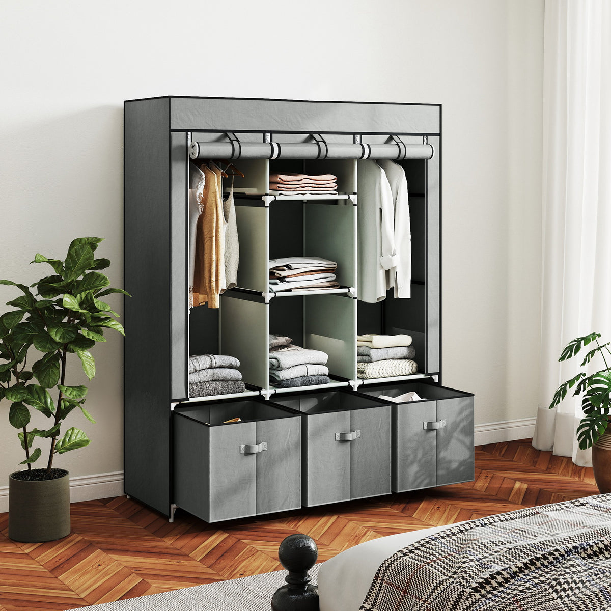HOMCOM Stoffschrank aus Vlies, Faltschrank, inkl. 3 Schubladen, 125 cm x 43 cm x 162,5 cm, Hellgrau – Produktabbildung 2