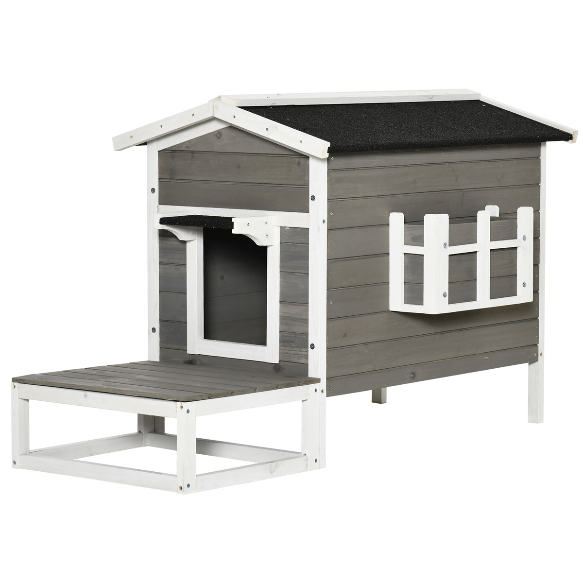 Wooden Cat House, Winterproof and Waterproof Cat Hut with Asphalt Roof, Terrace, Cat Cave, Cat Box, Outdoor