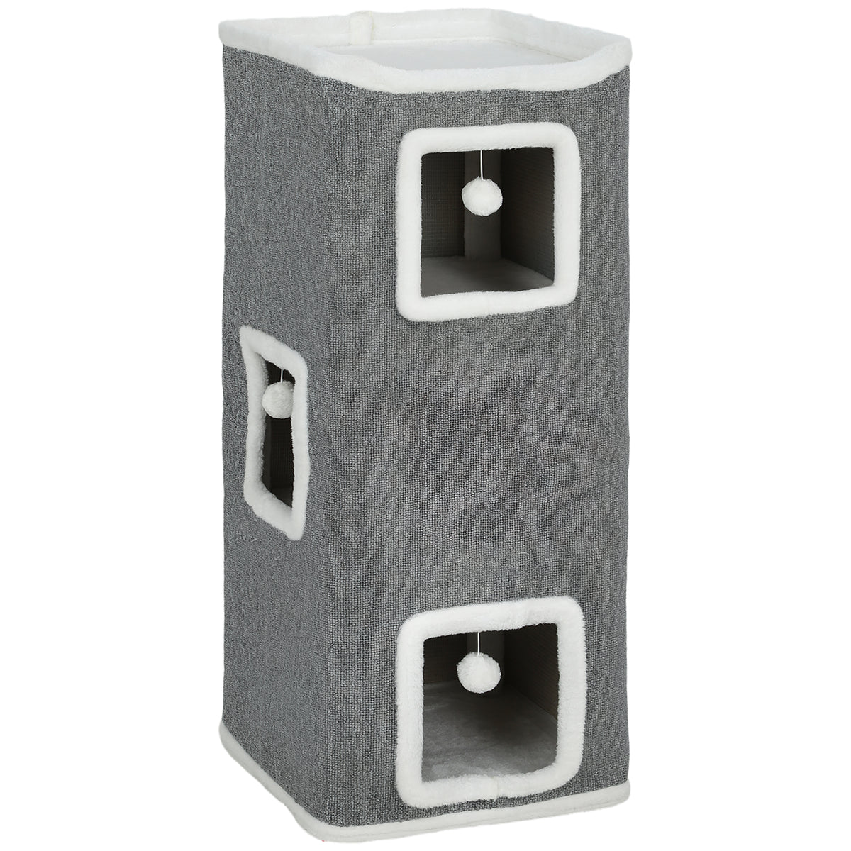 4-tier cat tower, cat tree with 3 caves, particle board, play balls, gray