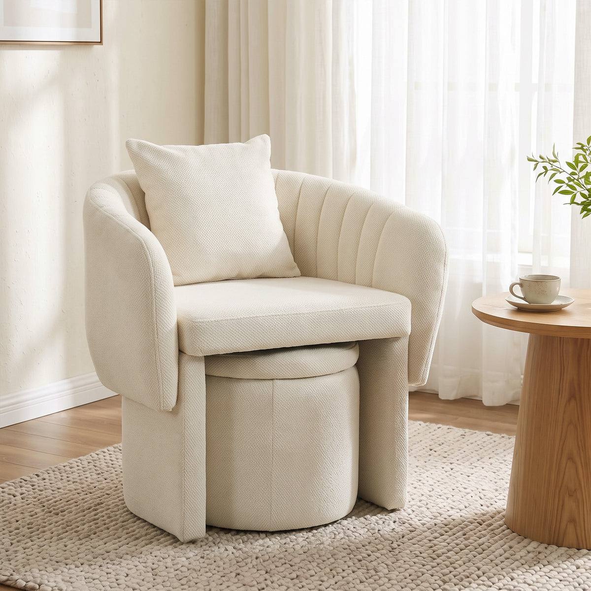 Relax Chair with Footstool Lounge Chair with Curved Backrest, Armrests, Nordic Chenille Upholstered Beige (2)