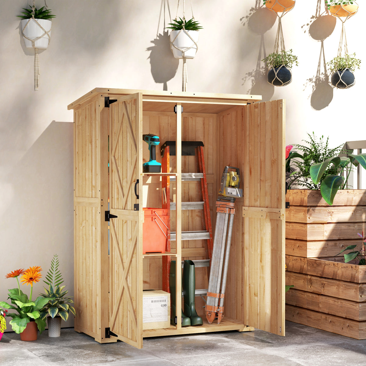 Garden storage shed, wooden shed for tools and gardening equipment, asphalt roof, double doors, spruce wood (2)
