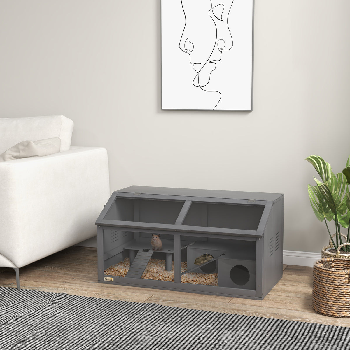 PawHut Hamsterkäfig, Kleintierkäfig aus Holz, Hängebrücke, Leitern, Hütte, 84 x 45 x 44 cm, für – Produktabbildung 2