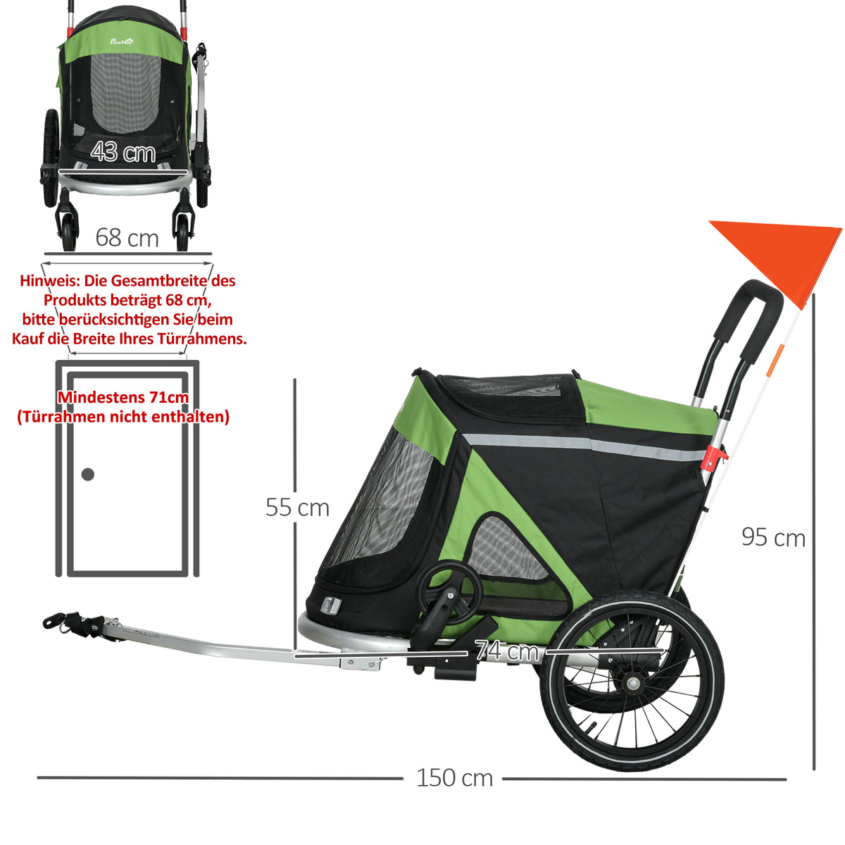 PawHut 2-in-1 Hundebuggy Hundejogger Fahrradanhänger bis 20kg 2 Reflektoren 1 Sicherheitsleine 150 x 68 – Produktabbildung 3