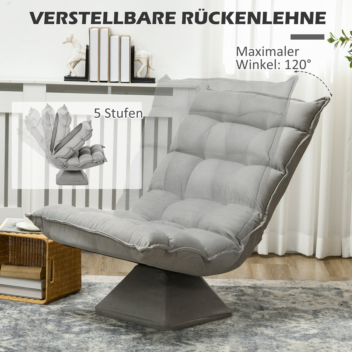 HOMCOM Relaxsessel Lesesessel, drehbar, Samtoptik, 62 cm x 70 cm x 95 cm, Hellgrau – Produktabbildung 4