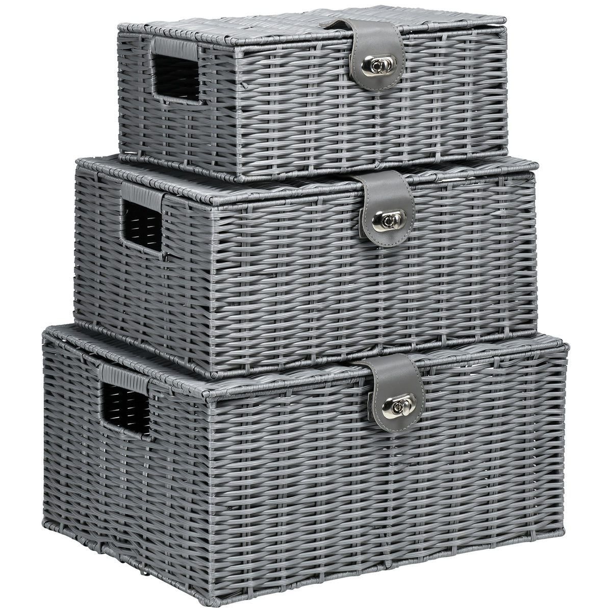 HOMCOM 3er-Set Aufbewahrungskörbe aus PE- Rattan, mit Verschluss, Tragegriffen, 35,5 cm x 28,5 cm x 18 cm