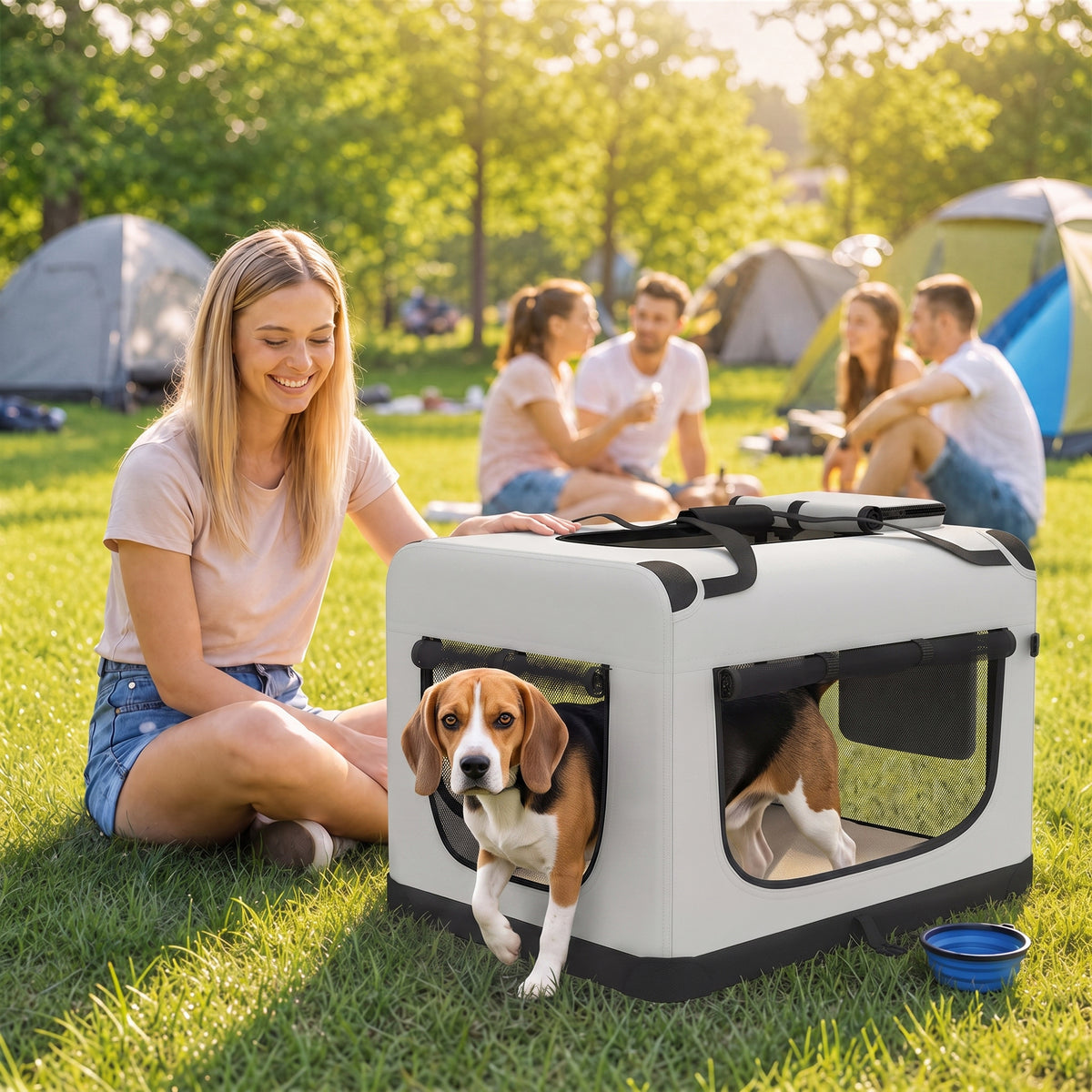 Pet carrier bag, soft dog carrier with safety leash, cushion and bowl, light grey (2)