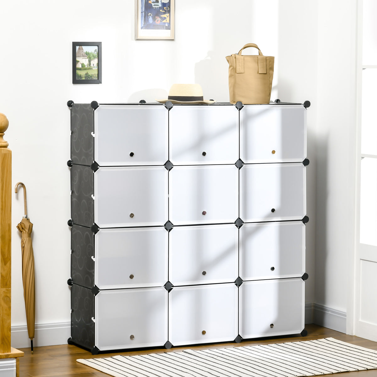 Modular shelving system, plug-in shelf, assemblable from 12 cubes 125 x 32 x 125 cm, plastic + steel black (2)