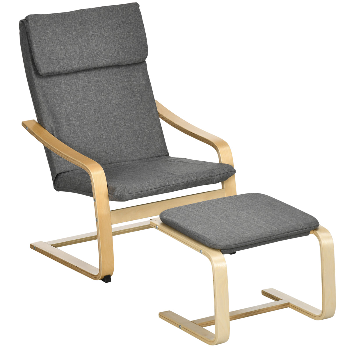 Armchair with footstool, armchair set, up to 120 kg, linen look, solid wood, gray + natural, 66.5 x 80 x 99 cm